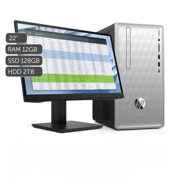 Combo-PC HP Pavilion 590-P0109, AMD A12-9800 3.8GHz, RAM 12GB, SSD 128GB + HDD 2TB, Wi-Fi, DVD-RW, Windows 10 Home + Monitor 22''